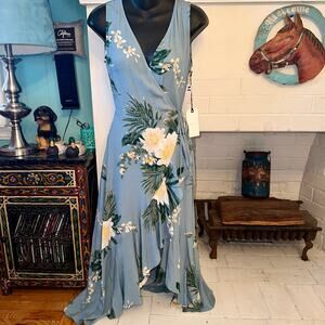 NWT LEITH BLUE FLORAL WRAP RUFFLE DRESS XS